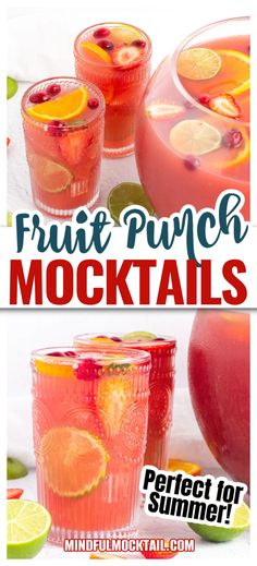 two glasses filled with fruit punch cocktails and the words perfect for summer on top