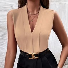 Shein Tan Office Business Casual Front Pressed Crease Tank Top Tan Office, Blouse Elegant, Reddish Brown, Shein Tops, V Neck Blouse, Sleeveless Blouse, Capsule Wardrobe, Apricot, Collar Styles