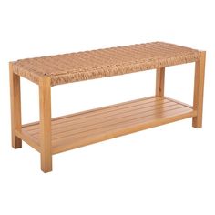 a wooden bench with wicker on top and shelf for storage in the middle, isolated against a white background