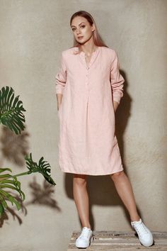 Pink Linen Shirt Dress / Pink Linen Shirt / Long Linen Tunic Shirt / Loose Fit Linen Shirt / Linen T Pink Long Sleeve Relaxed Fit Shirt Dress, Pink Relaxed Fit Long Sleeve Shirt Dress, Long Sleeve Tunic With Pockets For Daywear, Long Sleeve Linen Dress With Placket, Casual Long Sleeve Tunic With Placket, Linen Shirt Dress Outfit, Pink Linen Shirt, Linen Tunic Shirt, Maternity Shirt Dress