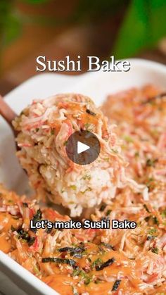 sushi bake is being served in a white dish