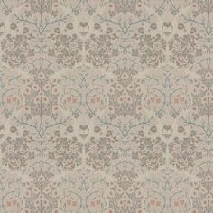 an old wallpaper with trees and flowers in grey, blue, pink and orange colors