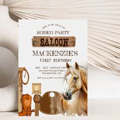 a birthday party card with a horse on it and other items in the back ground