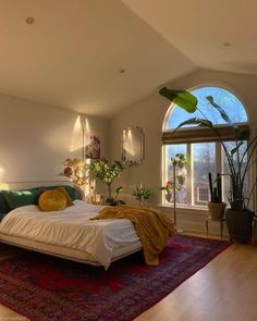 a bedroom with a large bed and lots of plants in the window sill area