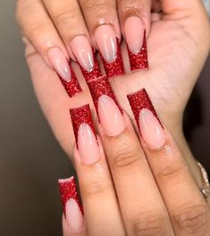 Red Glitter Acrylic Nails Coffin, Red French Tip Acrylic Nails With Design, Simply Valentines Nails, Long Acrylic Nails Red And Black, Christmas Nails Red And Silver Glitter, Glitter Red Tip Nails, Red Bling Nails Short, Red Sparkly Nail Designs, Glitter Red Nails Acrylic