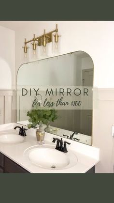 a bathroom with a large mirror above the sink and a plant in front of it