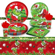 the grinch christmas dinnerware set includes plates, napkins and placemats