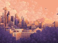 a painting of a city with tall buildings and birds flying in the sky above it