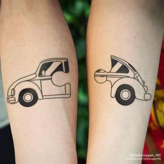 two people with matching tattoos on their arms, one has a car and the other has a surfboard