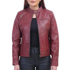 Woman Maroon Biker Jacket Fitted Biker Jacket With Stand Collar For Winter, Fitted Biker Jacket For Fall, Fall Biker Leather Jacket With Stand Collar, Biker Leather Jacket With Stand Collar For Fall, Fitted Moto Outerwear For Fall, Serpent Jacket, Jacket Drawing, Maroon Jacket, Biker Aesthetic