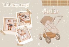 a baby stroller with pictures on it and the words, that sims jungle stroller