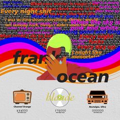 a man holding a cell phone in front of a computer screen with the words fran ocean on it