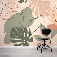 foliage green tropical abstract shape leaf wallpaper Subtle Leaf Wallpaper, Wall Murals Leaves, Jungle Leaves Wall Mural, Adult Bedroom Mural Wall Art, Tropical Leaf Mural, Foliage Mural Wall, Simple Green Wall Mural, Bathroom Murals Painted, Boho Accent Wall Bedroom