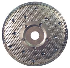 a metal disc with holes and rivets