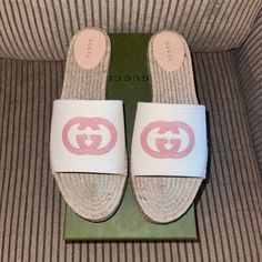 Check Out These Beautiful Brand New Gucci Espadrilles! Cream Color With Soft Pink Gg Logo Stitching Size 42 New In Box Original Box And 2 Shoe Dust Bags Included Smoke Free Home Black Gucci Slides, Gucci Platform Sandals, Gucci Espadrilles, Gucci Flip Flops, Womens Slides Sandals, Vintage Sandals, Rubber Sandals, Leather Thong Sandals, Gucci Bamboo