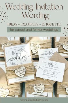 wedding cards and envelopes with the words,'wedding invitation wording ideas examples - etiquette for casual and formal