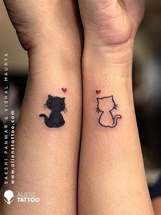 two matching tattoos with cats on their wrist and the cat is sitting next to each other