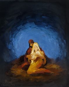 an oil painting of two people sitting on the ground in front of a blue background