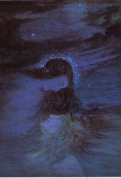 a painting of a woman floating in the water