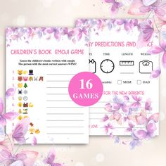 two children's book emoui game cards with pink flowers and purple butterflies