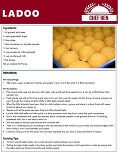 the recipe for ladoo is shown in red and white, with an image of fried food