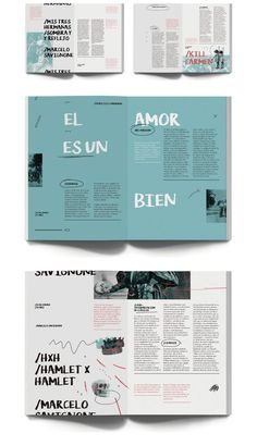 an open magazine is shown in three different colors and font styles, with the same color scheme