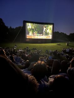 people sitting in the grass watching a movie on a large screen at night with one person standing up