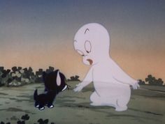 an animated image of a ghost and a black cat in the middle of a field