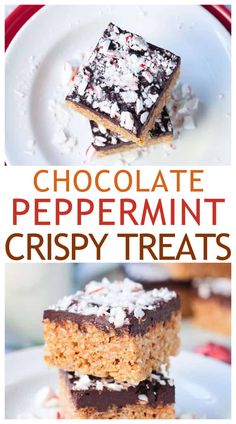 chocolate peppermint crispy treats stacked on top of each other with text overlay