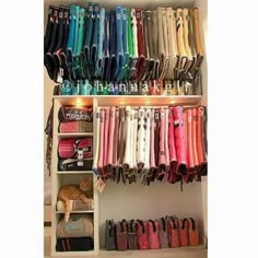 the closet is full of purses and umbrellas for women to use as storage