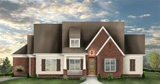 this is an artist's rendering of a two - story brick house with white trim and brown shutters