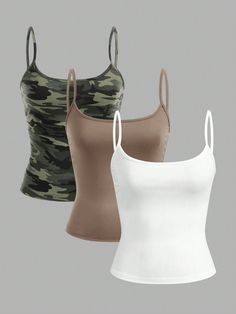 3pcs Women's Camouflage Print Casual Slim Fit Camisole Tank Tops, Suitable For Summer Multicolor Casual   Knitted Fabric Camo,All Over Print Cami Slight Stretch  Women Clothing, size features are:Bust: ,Length: ,Sleeve Length: Shein Tank Tops, Summer Printed Cami Tank Top, Casual Graphic Print Cami Tank Top, Summer Graphic Print Cami Top, Casual Camouflage Tank Top, Camo Tank Top, Country Tank Tops, Summer Military Camouflage Tops, Camo Top