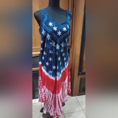 Nwt Patriotic Sundress/ Bathing Suit Coverup. One Size Fits Most. Casual Beach Dress For 4th Of July, Sleeveless Beach Dress For 4th Of July, Casual Sleeveless Midi Dress For Holiday, Casual Blue Dress For 4th Of July, Blue Bohemian Dress For Holiday, Blue V-neck Sundress For Festivals, Blue Patriotic Spring Dress, Patriotic Blue Dresses For 4th Of July, Blue Cotton Patriotic Dress