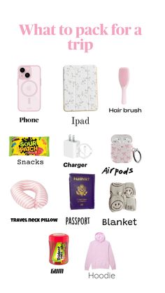 what to pack for a trip in pink and white with text overlaying it