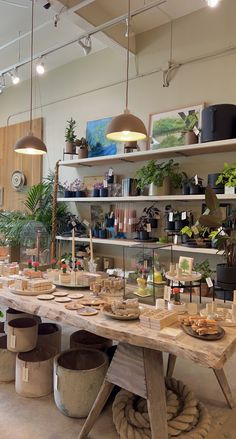 a wooden table topped with lots of pots and pans next to shelves filled with plants