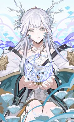 an anime character with white hair and blue eyes holding a crystal ball in her hands