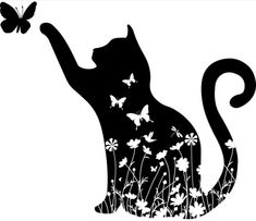 a black and white silhouette of a cat with butterflies