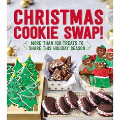 a christmas cookie swap poster with cookies and other holiday treats on the table in front of it