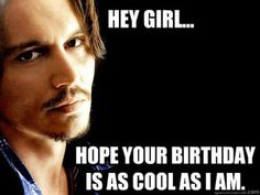 a man with long hair wearing a blue shirt and looking at the camera while he says hey girl hope your birthday is as cool as i am