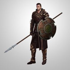 Dnd Spear And Shield Fighter, Spear Man Character Design, Spear Warrior Art, Dnd Spearman, Spear And Shield Character Art, Guardian Character Design, Spear And Shield, Viking Character