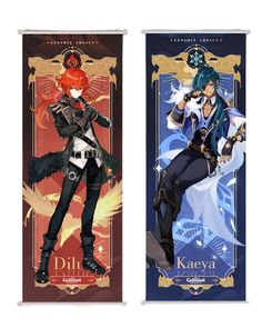 two banners with anime characters on them, one in blue and the other in red