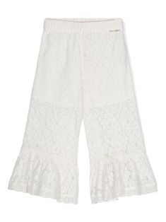 white cotton blend floral-lace detailing ruffled detailing logo plaque to the front elasticated waistband flared partial lining pull-on style White Lace Ruffled Bottoms, White Wide-leg Pants With Ruffles, White Wide Leg Pants With Ruffles, White Lace Casual Pants, White Lace Pants With Lace Trim, White Lace Bottoms With Elastic Waistband, Trousers White, Dress With Jean Jacket, Detailing Logo