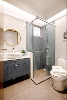 a white toilet sitting next to a walk in shower under a bathroom mirror above a sink