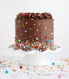 a chocolate frosted cake with sprinkles on it and the words sugarnsparrow