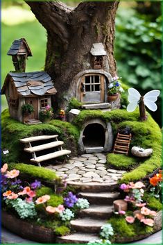 a fairy garden with steps leading up to a tree and small houses on the ground