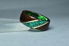 Fumed Eucalyptus With Crushed Dark Green Opal and 14k Gold on Dark Green Core Bentwood Ring, Wood Ring for Men, Wood Ring - Etsy Green Ring Men, Dark Green Core, Eucalyptus Ring, Green Core, Bentwood Rings, How To Wear Rings, Washing Powder, Eucalyptus Wood, Wood Ring