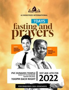 an event poster for fasting and prayers featuring two men in white shirts and ties