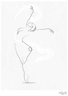 a black and white drawing of a ballerina in the air with her arms outstretched