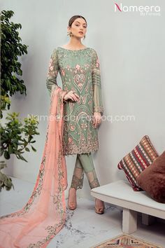 Wedding Party Dress Pakistani Gown, Pistachio Color, Designer Salwar Kameez, Pakistani Salwar Kameez, Chiffon Collection, Embroidered Chiffon, Embroidered Sleeves, Pure Chiffon, Embroidered Border