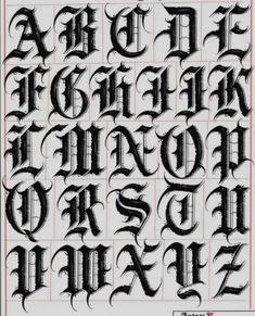 an old english alphabet in gothic style with black lettering and red border on white paper